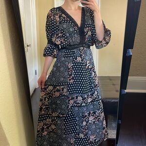 Nasty Gal Black Multi Patchwork Polka Dot Printed Deep V-Neck Midi Dress